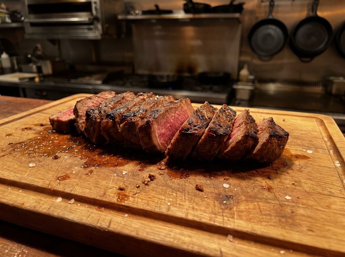 Nakrájený vyzrálý hovězí steak medium na prkénku